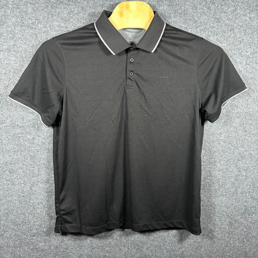 Tahari Mens Ultimate Polo Shirt Black XL Quick Dry Wicking Tipped Collar